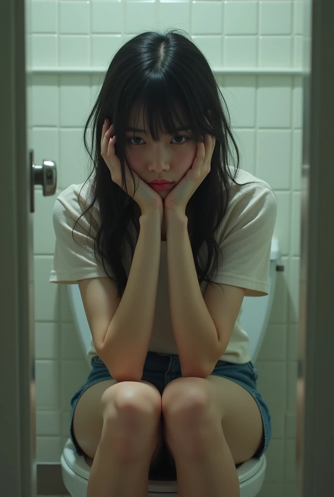 make a woman sitting on the toilet