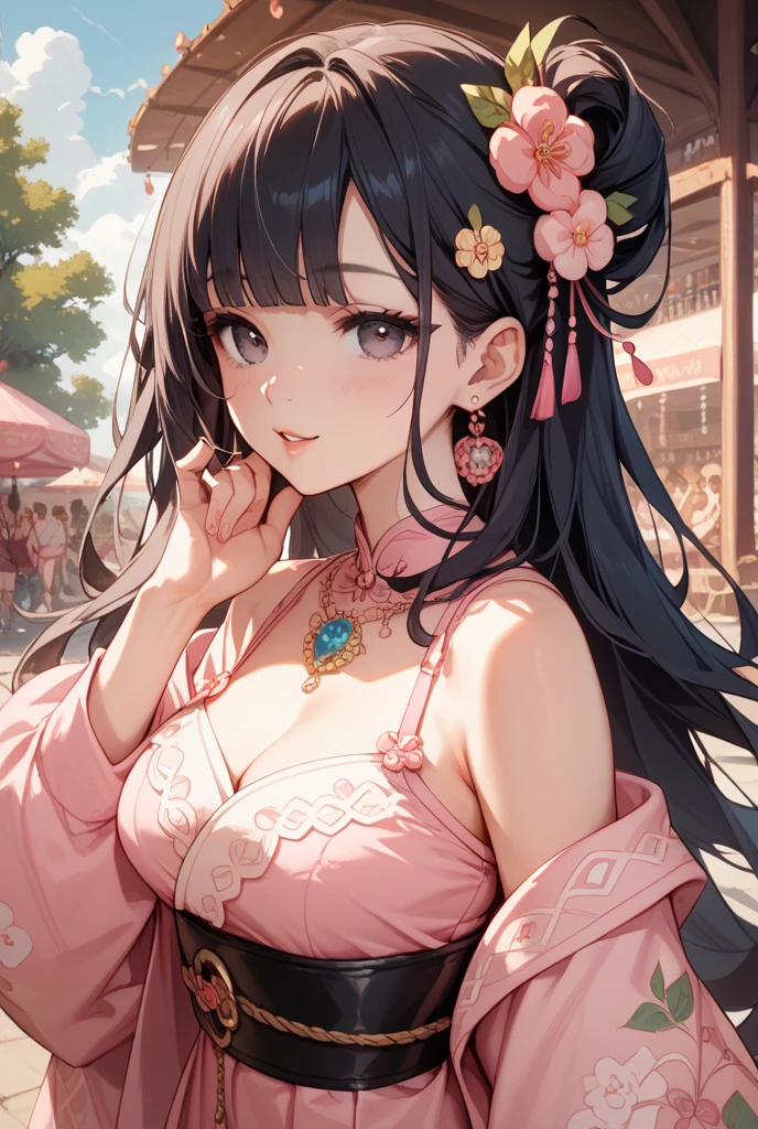masterpiece,best quality,best quality,official art,extremely detailed CG unity 8k wallpaper,(1girl:1.3),cute face,blush,black eyes,pink eyeshadow,flat chest,hanfu,(Out of the shoulders),pendant,jewelry,jewelry,(earrings:1.1),(bell:1.1),(necklace:1.1),hair ribbon,Hand on chest,hair_ornament,hair_flower,Bright necklace,Out of the shoulders,Perfect hand,(collarbone:1.1),cleavage,(Shoulder trim:1.2),(Chest decoration:1.3),Look to the sky,(Look the other way:1.2),(Fineskindetails:1.1),mix4,machinery,Open chest,