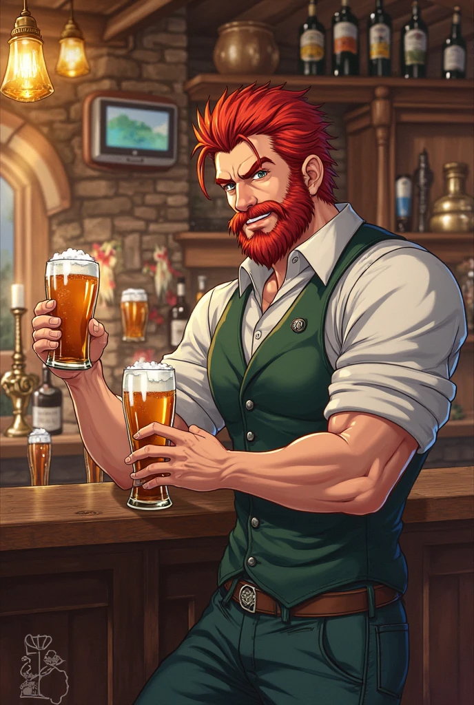 A robust man, muscular body, wavy red hair, masculine face, red mustache, rustic appearance, green eyes, sensual smile, huge hairy chest, huge hairy biceps, freckles on his face, oily and shiny skin. He is standing in the living room with a glass of wine in his hand, with a bare back and short shorts with a huge bulge in the crotch.