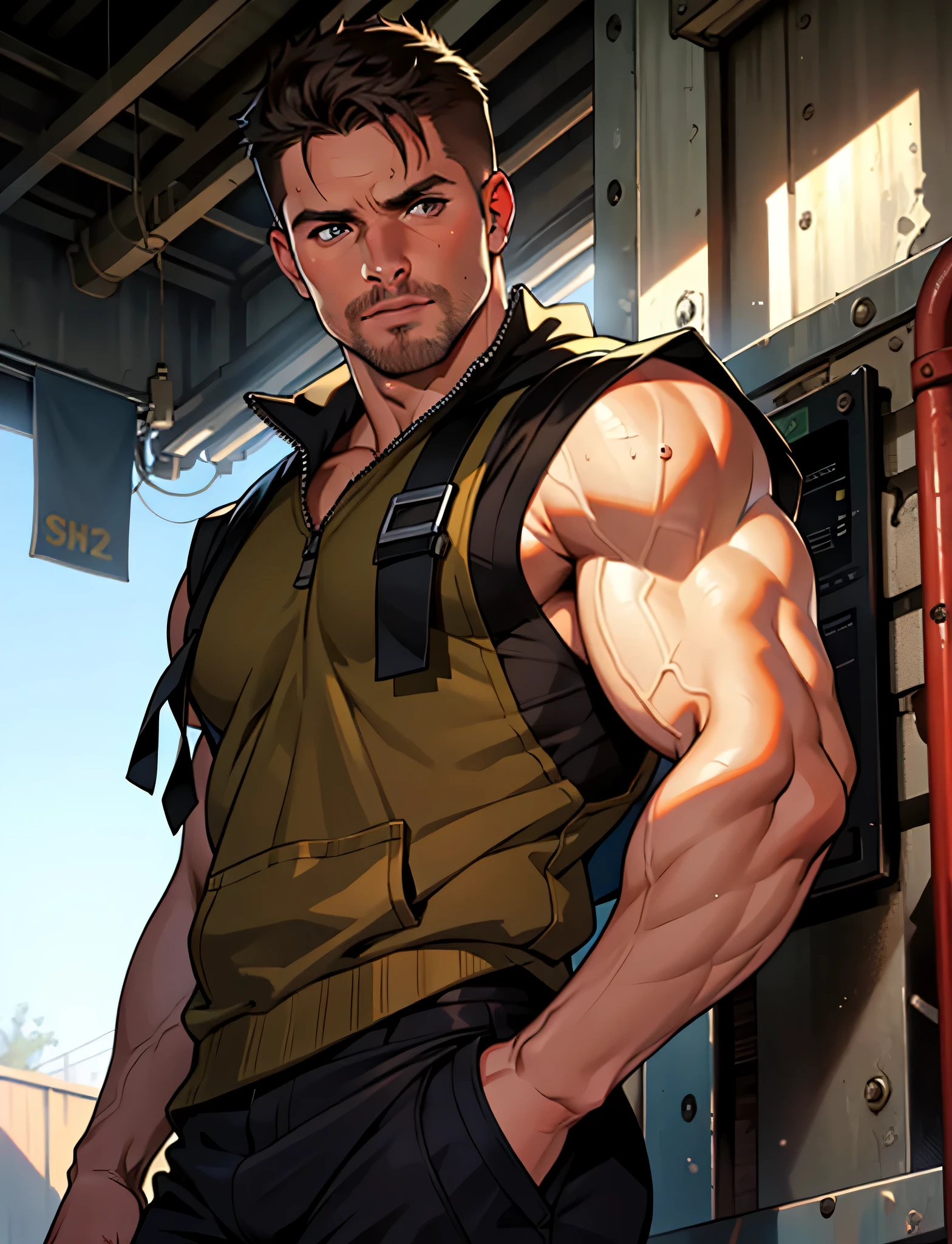 In a masterpiece of high resolution, a 35-year-old man stands alone, elegantly posed against the backdrop of a dark, gloomy hallway. The man is identified as Chris Redfield, renowned for his tactical prowess, and he is dressed in a military tactical suit, highlighted by the green fabric of his tank top, which reveals his well-defined biceps, abs, and chest. The white color on the shoulder of his tank top features the iconic B.S.A.A. logo, adding an air of professionalism to the image.
With a smirk on his face, Chris Redfield towers over the scene, a sign of his dominance and