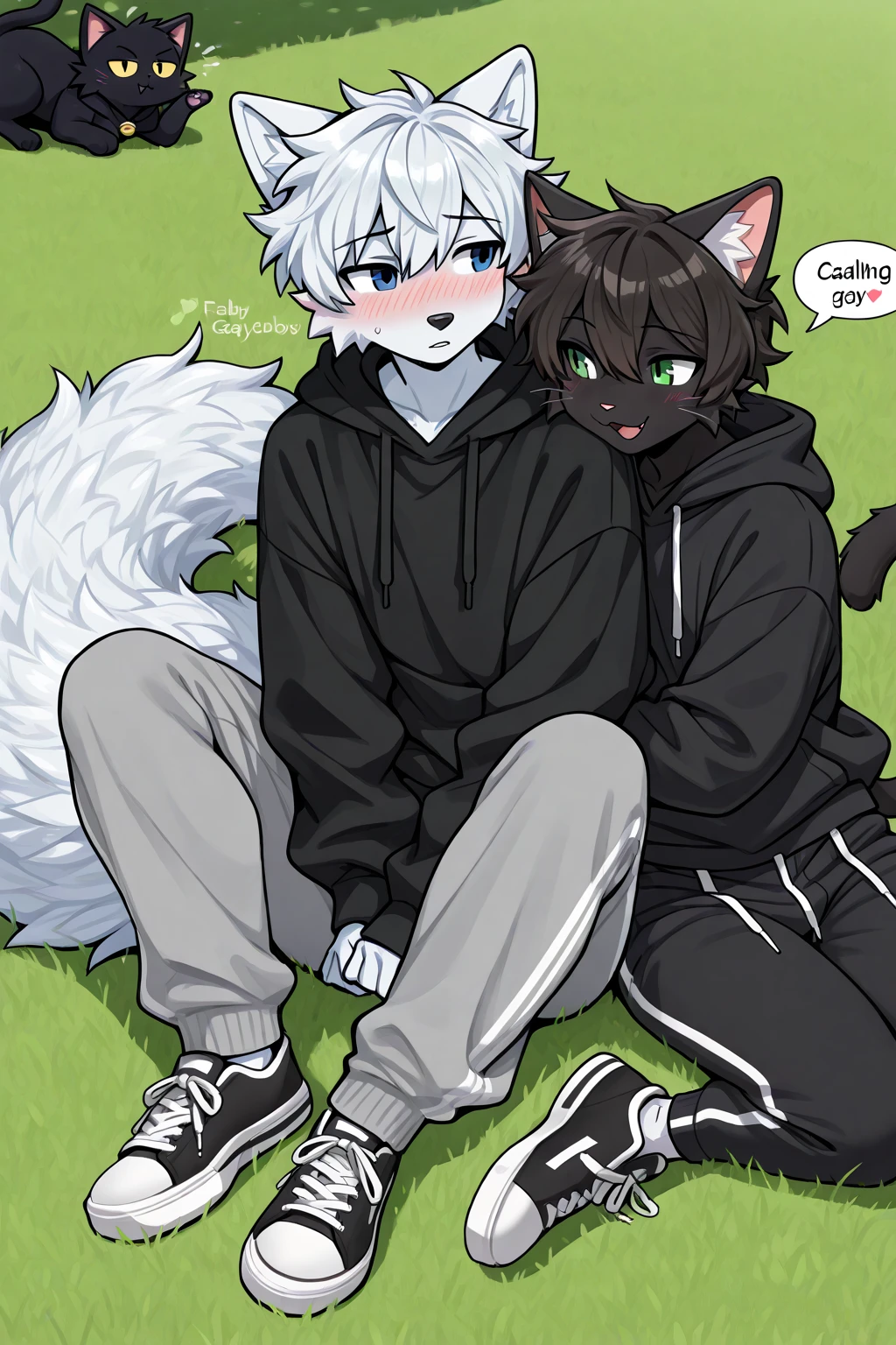 (Wolf, furry, anthropomorphic), male, feminine body, sitting on bed, bedroom background, outside, wearing jeans wearing red hoodie, Furry art, Fur on arms, big Floofy tail, fur on legs, (Black Fur covering whole body, Best quality, human like body figure), Noon, wearing white hat, wearing boots, face blush