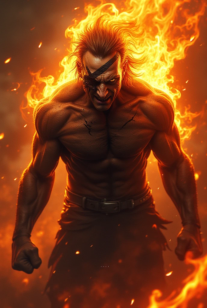 fire, explosion, sunset, flame, muscular, burning, palm tree, torch, orange sky, blonde hair, gloves, ponytail, pyrokinesis, molten rock, breathing fire, fingerless gloves, embers, campfire, tree, hat, dougi, clenched hand, 1boy, evening, punching, male focus, clenched hands, manly, long hair, fireplace, baseball cap, gradient sky, abs, twilight, firing, red sky, leaf, biceps, open mouth, fighting stance, dusk, flaming weapon