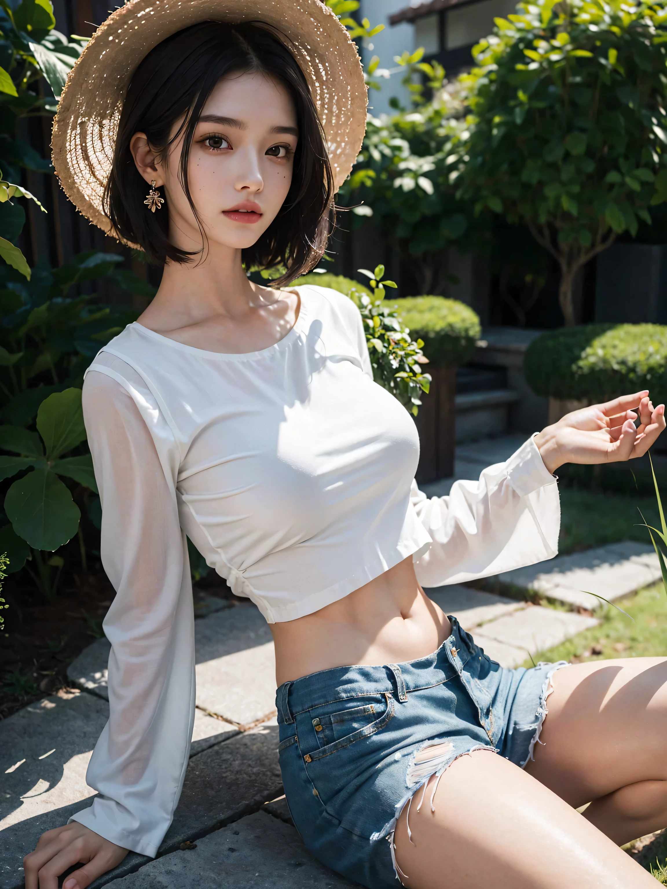 (close:1.4)、(Raw photo:1.2)、(realistic:1.4)、(masterpiece:1.3)、(highest quality:1.4)、alone、7 head and body、(detailed and beautiful eyes)、(charming big eyes)、(beautiful double eyelids)、(Beautiful and dense face)、natural makeup、long eyelashes、(gentle smile:1.2)、(Detailed features of garments)、transparent skin、(shiny肌)、(slender and beautiful girl)、(beautiful leg line)、(full body shot)、(gentle smile:1.2)、(beautiful breasts、big breasts:1.3)、(nipple protrusion：1.3)、(white crop top、jeans shorts:1.3)、underboob、clothes are wet、My clothes are transparent、water wet、(short bob:1.2)、transparent skin、High transparency、(shiny)、(embarrassing)、(highest quality、Super detailed:1.3)、Bokeh、beautiful thighs、beautiful little ass、(perfect anatomy:1.2)、rain、