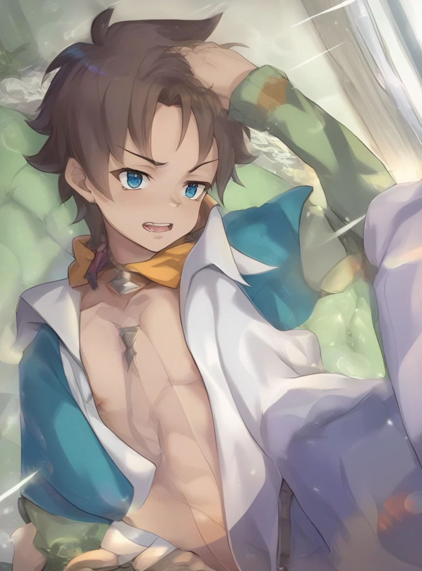 (Masterpiece),(best quality),official art,extremely detailed CG,unity 8k wallpaper,ultra detailed, best quality, 1boy, Boy, Shota, Venti, beret, hat flower, Shirtless, Upper body, Gold necklace, Gold earrings, Bare chest, Navel piercing, Gloves, arm warmer, Desert, Day, jewelry, brooch, sweat, (Showing armpit:1.4), Smile, blushing, Blurry beckground