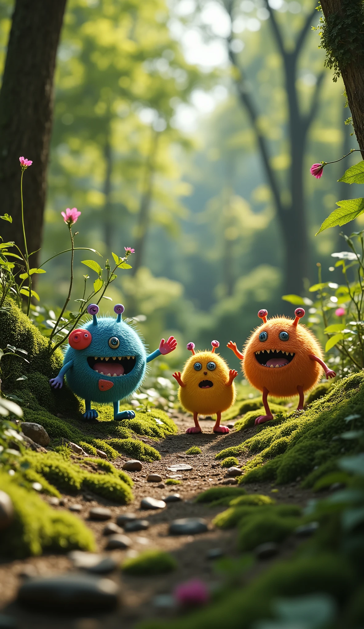 live-action、real、8K、HDR、In the woods、Cute little monsters exploring