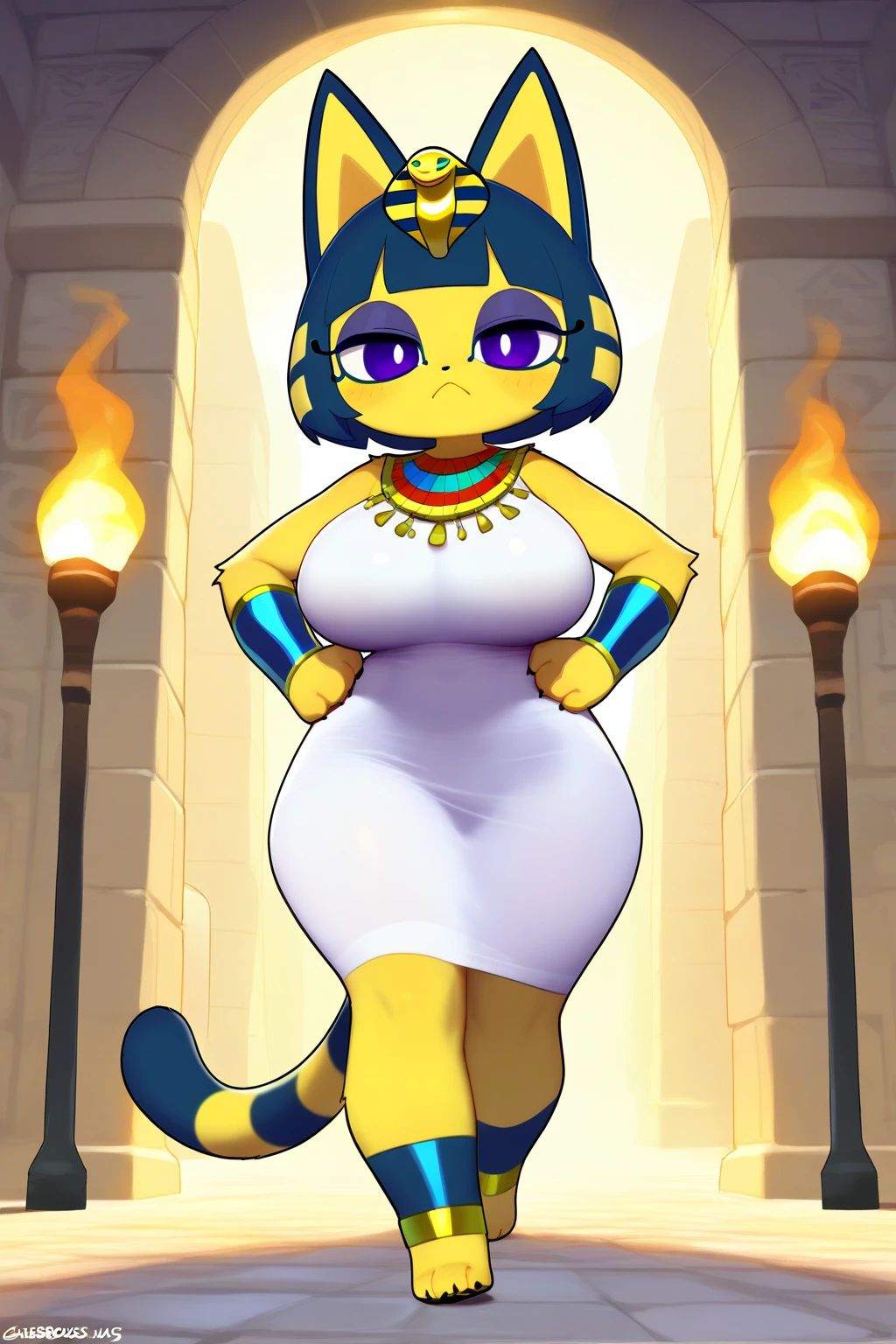 (masterpiece, best quality), intricate details, 8k, artstation, wallpaper, official art, splash art, sharp focus, Ankha (Animal Crossing), Ankha, yellow skin, hands on hips, looking at viewer, smug, egyptian, pyramids, ruins, desert, sand, catmouth, cameltoe, (huge breasts, breast expansion:1.3), (giantess, giant, as big as the pyramids, taller than buildings:1.3), (absolutely massive, 100ft tall:1.1)