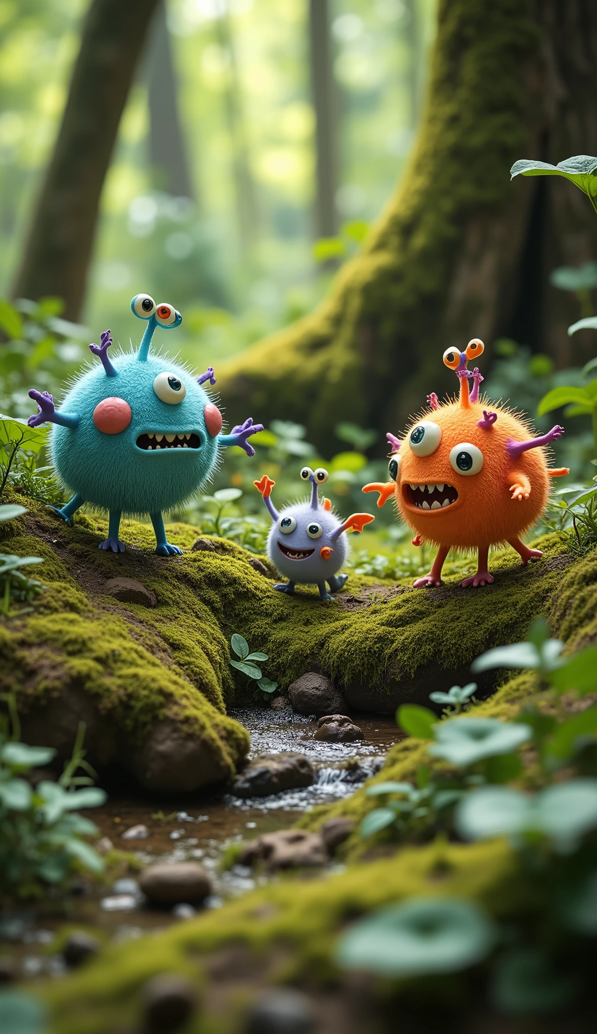 live-action、real、8K、HDR、In the woods、Cute little monsters exploring