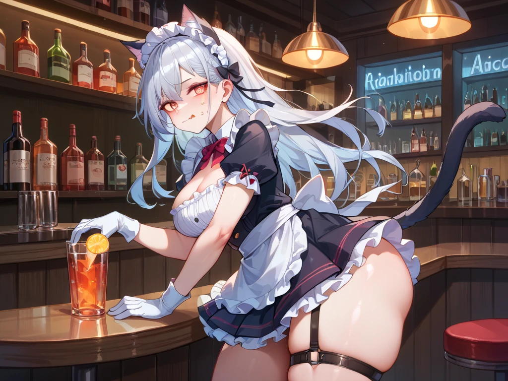 (top-quality、in 8K、32K、​masterpiece、UHD、超A high resolution、Impresionismo、Photorealsitic：1.2)、detailed faces and eyes、Full body, Mystical、(a bar counter、shop front:1.4)、beauitful face、blurry backround、18-year-old beautiful girl、shinny skin, (１The fox tail of the book grows:1.3)、Beautiful silver hair、short-hair、(poneyTail:1.2)、Deep green eyes、Fox ears、hair adornments、kindly smile、Naughty open-mouthed smile、Curve、(White costume、Playboy Bunny Girl:1.2)、White High Cut Leotard、Wearing fishnet stockings、White cuffs、a bow tie、Holding a tray of alcohol、