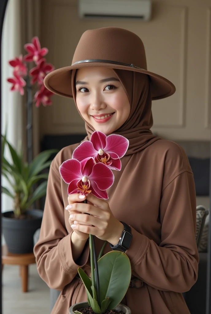 A beautiful Indonesian woman, smooth white skin, well-groomed face,wearing a brown hijab in a modern style,wearing a red orange knitted hoodie, smiled faintly,posing next to a purple orchid in full bloom. Latar belakang Ladang bunga anggrek banyak .Realistic original photo