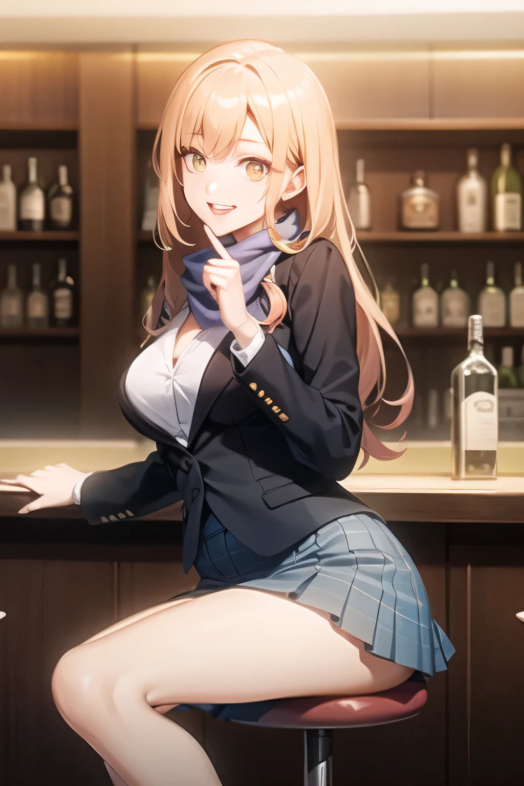A woman with a lovely smile,can you draw long blond wavy hair、 Can you draw a woman sitting on a chair,accurate depiction of hands and feet ,women in pleated mini skirts,Can you draw formal waitress attire、 ,(Let's draw a more delicate expression),(yellow scarf),( Navy blue blazer , Dark Blue Micro Mini Skirt ),(the bottom of the blazer is a white blouse)( dark blue panties ),brown stockings,black high heels,, Prioritize facial expression, So、don't cut facial contours ,only,Bartender at the bar counter, , , She's an attractive woman , standing , , big breasts, thin waist , , ,, It is important to draw 5 fingers accurately,,30 year old adult 々々sexy woman,