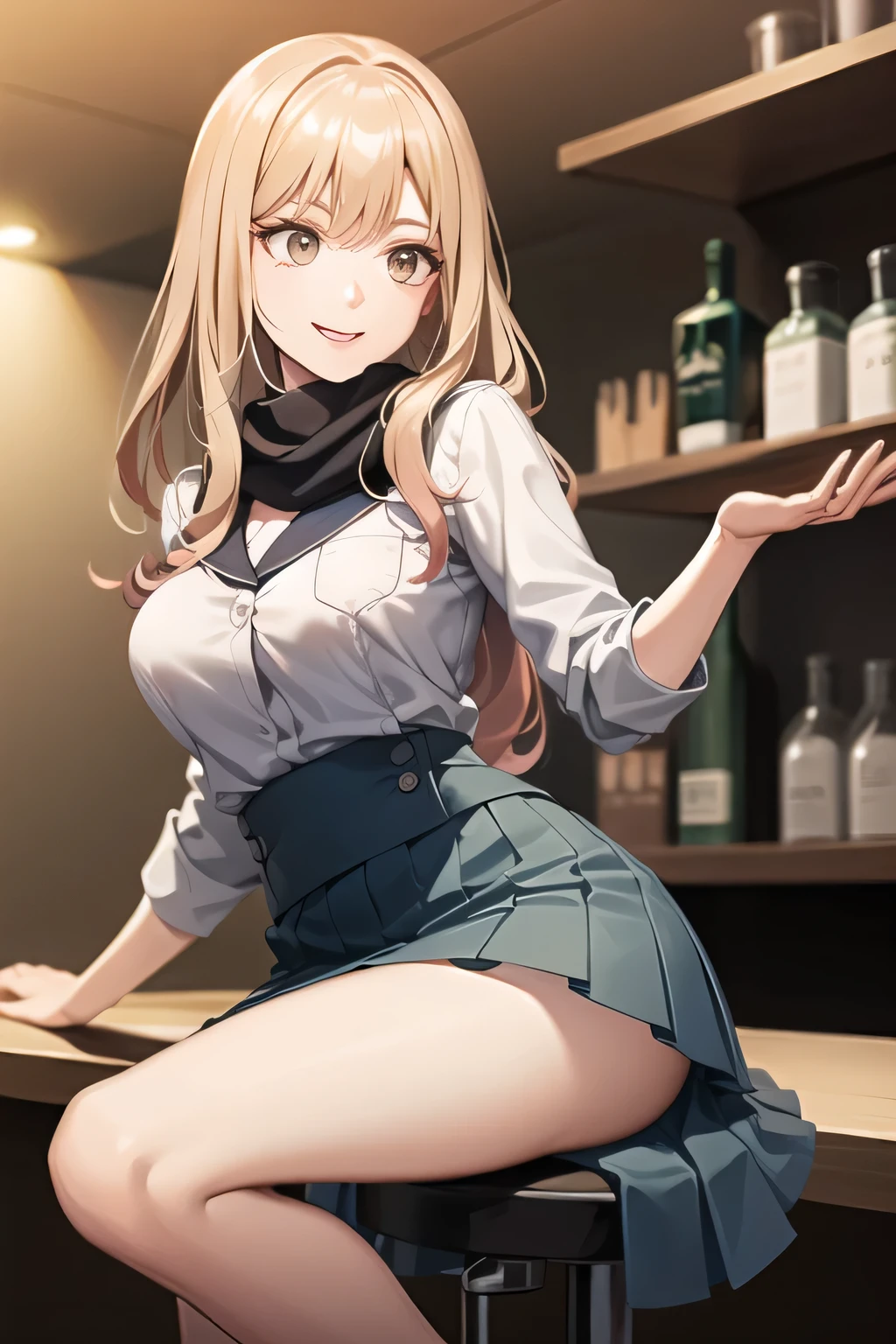 A woman with a lovely smile,can you draw long blond wavy hair、 Can you draw a woman sitting on a chair,accurate depiction of hands and feet ,women in pleated mini skirts,Can you draw formal waitress attire、 ,(Let's draw a more delicate expression),(yellow scarf),( Navy blue blazer , Dark Blue Micro Mini Skirt ),(the bottom of the blazer is a white blouse)( dark blue panties ),brown stockings,black high heels,, Prioritize facial expression, So、don't cut facial contours ,only,Bartender at the bar counter, , , She's an attractive woman , standing , , big breasts, thin waist , , ,, It is important to draw 5 fingers accurately,,30 year old adult 々々sexy woman,