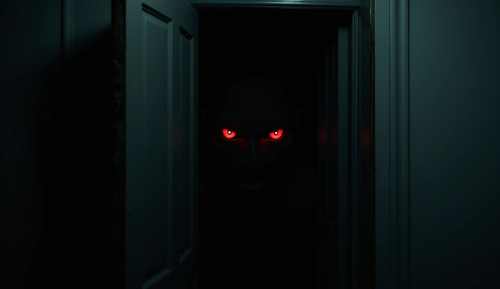 Close-up of a window at night, with bright red eyes staring menacingly from outside into the dark interior of the house. The eyes are glowing ominously, creating a chilling contrast against the dark night."