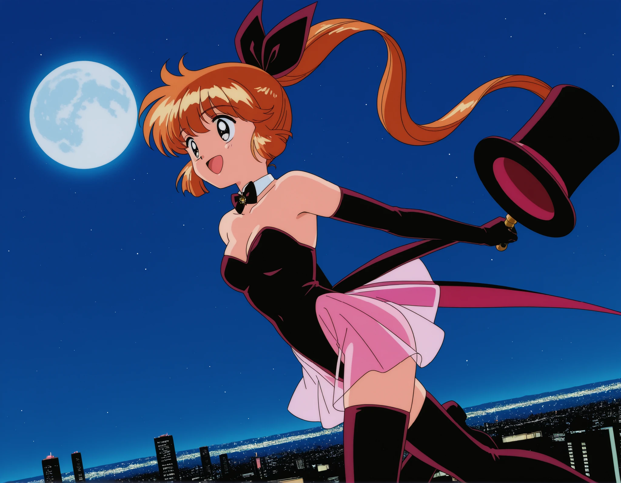 score_9, score_8_up, score_7_up,anime coloring,masterpiece, best quality, source_anime,official art,perfect_anatomy,1990s_\(style\),retro_artstyle,BREAK,nsfw,magician,saint tail,1girl,solo,18yo,long hair,orange hair,ponytail,BREAK,shoulders less, Strapless,collarbone,cleavage, breasts,elbow gloves,see-through skirt,thighhighs, zettai ryouiki,highleg,thong,top hat,magician's cane,BREAK,(looking away,smile,open mouth),jumping,flying,dynamic action,BREAK,cowboy shot,night,full-moon,City night view,(side view:1.5)