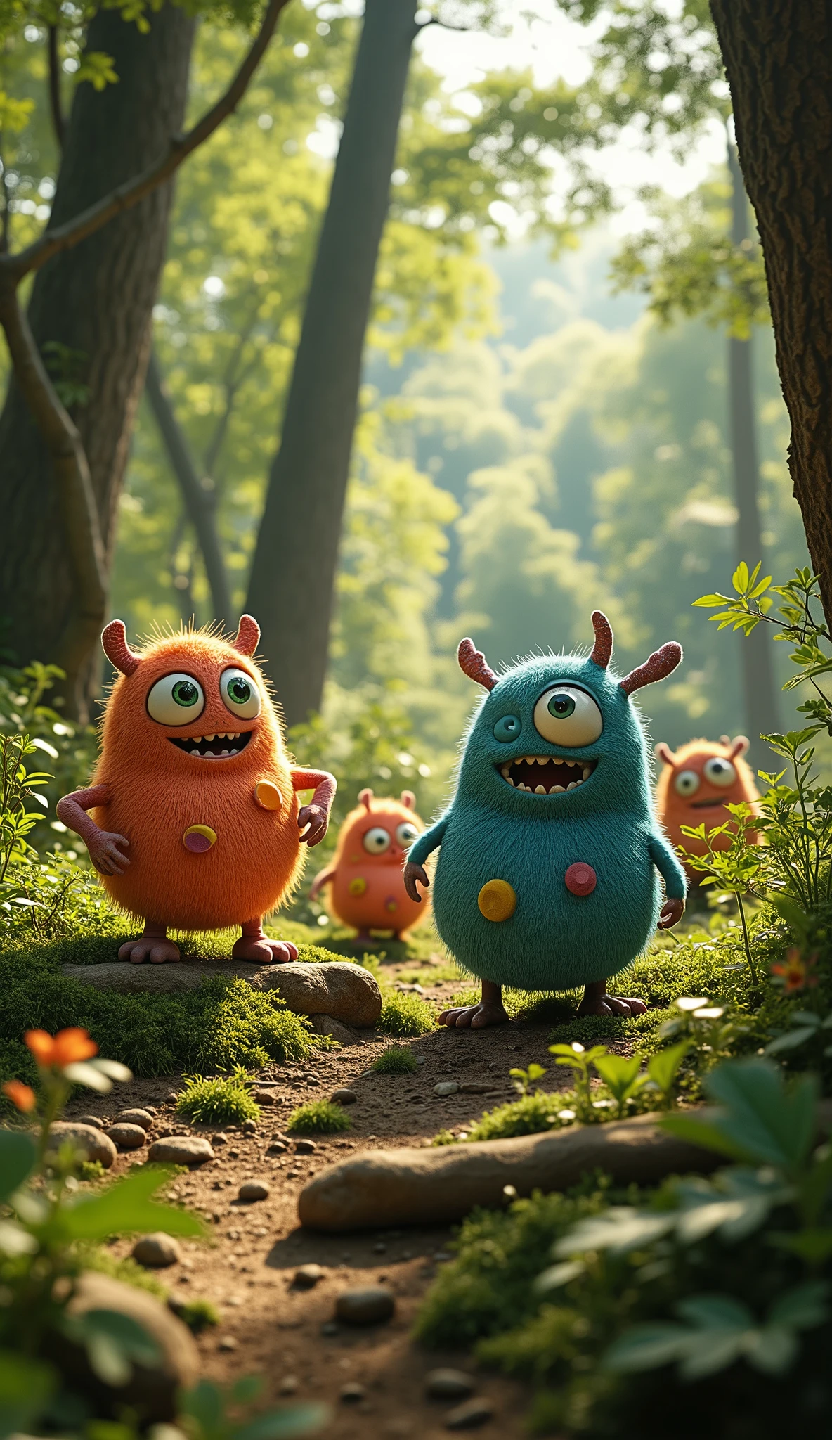 live-action、real、8K、HDR、In the woods、Cute little monsters exploring