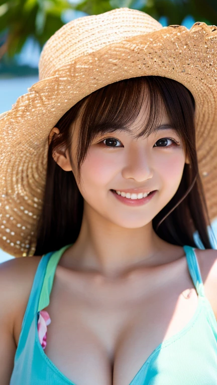 masterpiece,best quality,(Japanese ),((Beautiful girl)),cleavage,(perfect body beauty:1.2),(shy smile),beautiful teeth,(straw hat),(seaside),