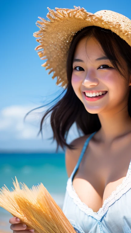 masterpiece,best quality,(Japanese ),((Beautiful girl)),cleavage,(perfect body beauty:1.2),(shy smile),beautiful teeth,(straw hat),(seaside),