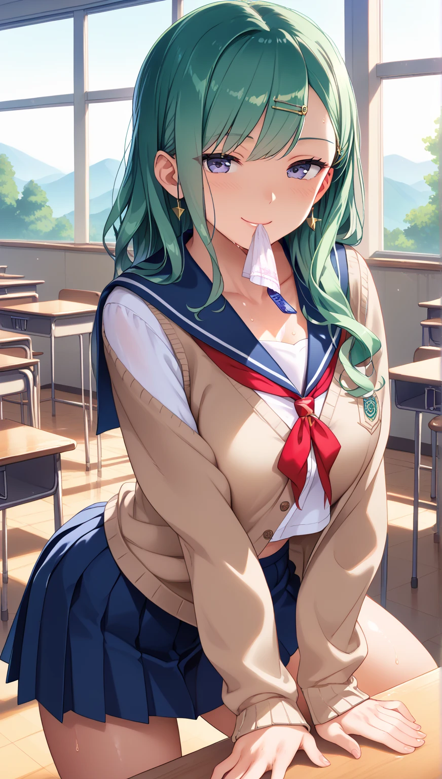Ram, sexy, Mature face, Sexy smile、Extremely detailed eyes、Blue Eyes, Turquoise Hair、Cute demon horns、2Book corner、Tabletop, (Penetration: 1.2),((Short sailor suit, Detailed and accurate)), Summer 3/4 sleeve shirt、In a glamorous body, Big Breasts:1.6, ((School uniform skirt)), (I can see her panties, Lace, Accurate and detailed), Sexy Poses,refer to４Bookの中に親refer to１Book,On a desk in the classroom、Classroom Background、