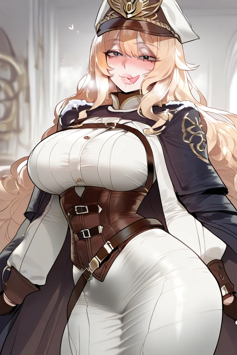 {masterpiece, distinct_image, extremely detailed CG, (extremely detailed fine touch:1.2),beautiful eyes and detailed face, (white_light, light rays, dappled light, ray tracing:1.2), photo realistic, 4k, 8k, high_resolution, (perfect_finger:1.5), (beautiful_detailed_eyes:1.3), glitter, white_light, (glow_white_face, front_light:1.3),{1girl, face_focus, looking for_in_viewer, cowboy_shot, standing},{adult,curvy, (huge_breasts, wide_hip:1.3),thigh_gap, groin, narrow waist, skinny stomach,(knight uniform for women, white gloves, epaulettes, Image of knight's uniform: White breast section contrasting with black underbust section:1.7),(white hair, long hair, yellow eyes, bangs:1.3)}
