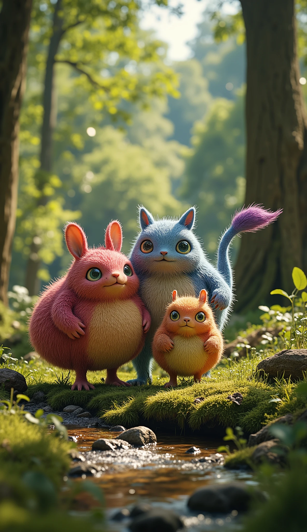 live-action、real、8K、HDR、In the woods、Cute monsters playing with each other innocently