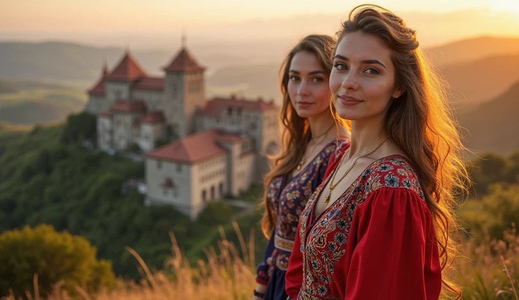 Two young Latvian woman standing, wearing sexy Latvian national costume, Latvian ornaments, daytime, Medieval churches, detailed body, detailed face, gorgeous, surreal, seductive, cute, long hair, hot summer, bokeh effect, detailed background, volumetric light, drop shadow, 8k