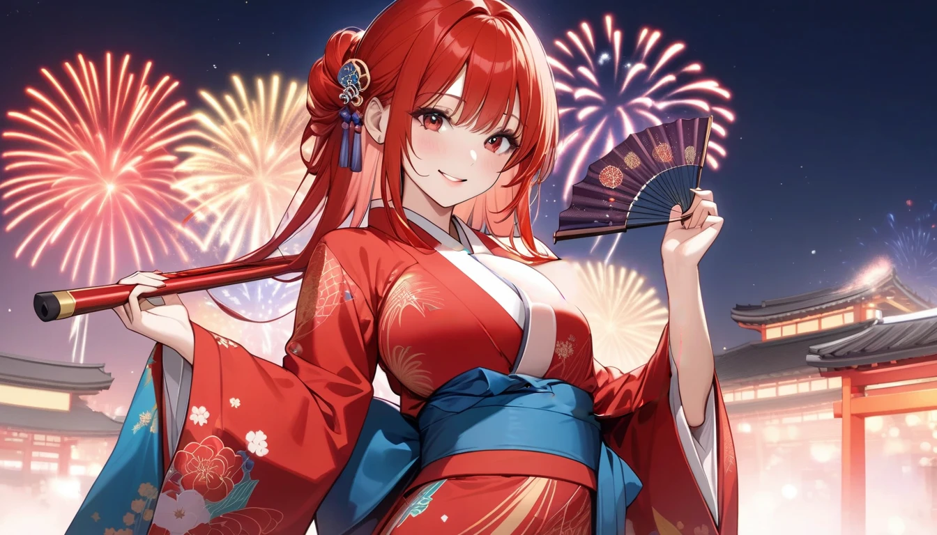 "anime girl, 1 person, red hair, shoulder length hair, dark red eyes, wearing flower hairpin, female kimono, red kimono with gold border pattern, big breasts, long stockings, blushing smile, standing still cross-legged, solo, view from different angles, festival, New Year's Eve fireworks, fireworks viewing, night (full HD 4K+ image)"