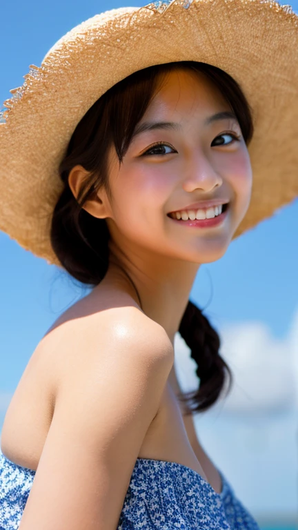 masterpiece,best quality,(Japanese ),((Beautiful girl)),cleavage,(perfect body beauty:1.2),(shy smile),beautiful teeth,(straw hat),(seaside),