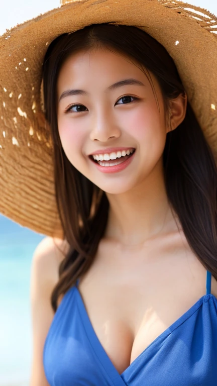 masterpiece,best quality,(Japanese ),((Beautiful girl)),cleavage,(perfect body beauty:1.2),(shy smile),beautiful teeth,(straw hat),(seaside),