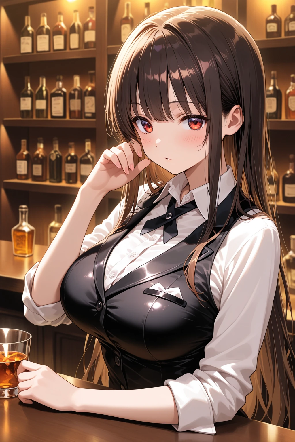 Bunny girl turning around、Bunny Suit、Photorealistic、F cup breasts、bar counter