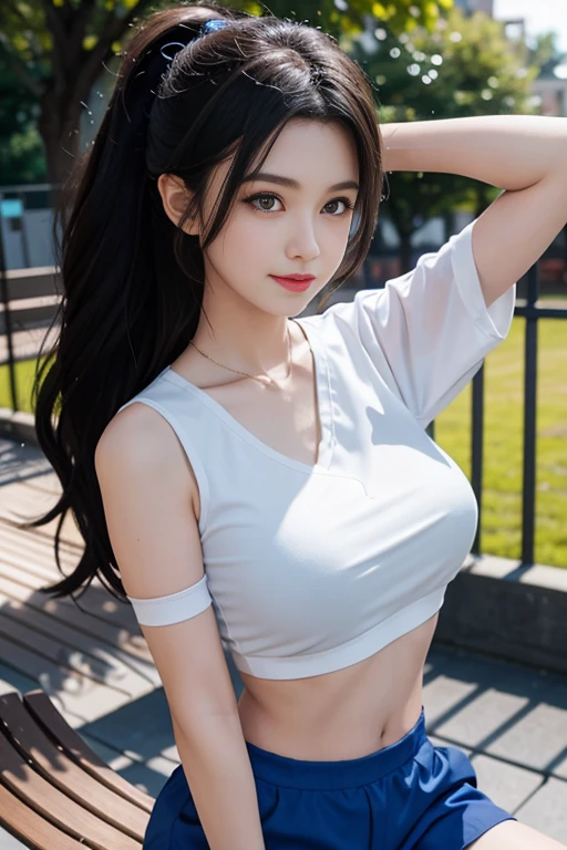 best quality, High resolution, Pretty Face, Ponytail, Loose chest strapless T-shirt, Beautiful small breasts , Smooth belly, (Lean forward:1.2), 8k, Digital SLR Camera