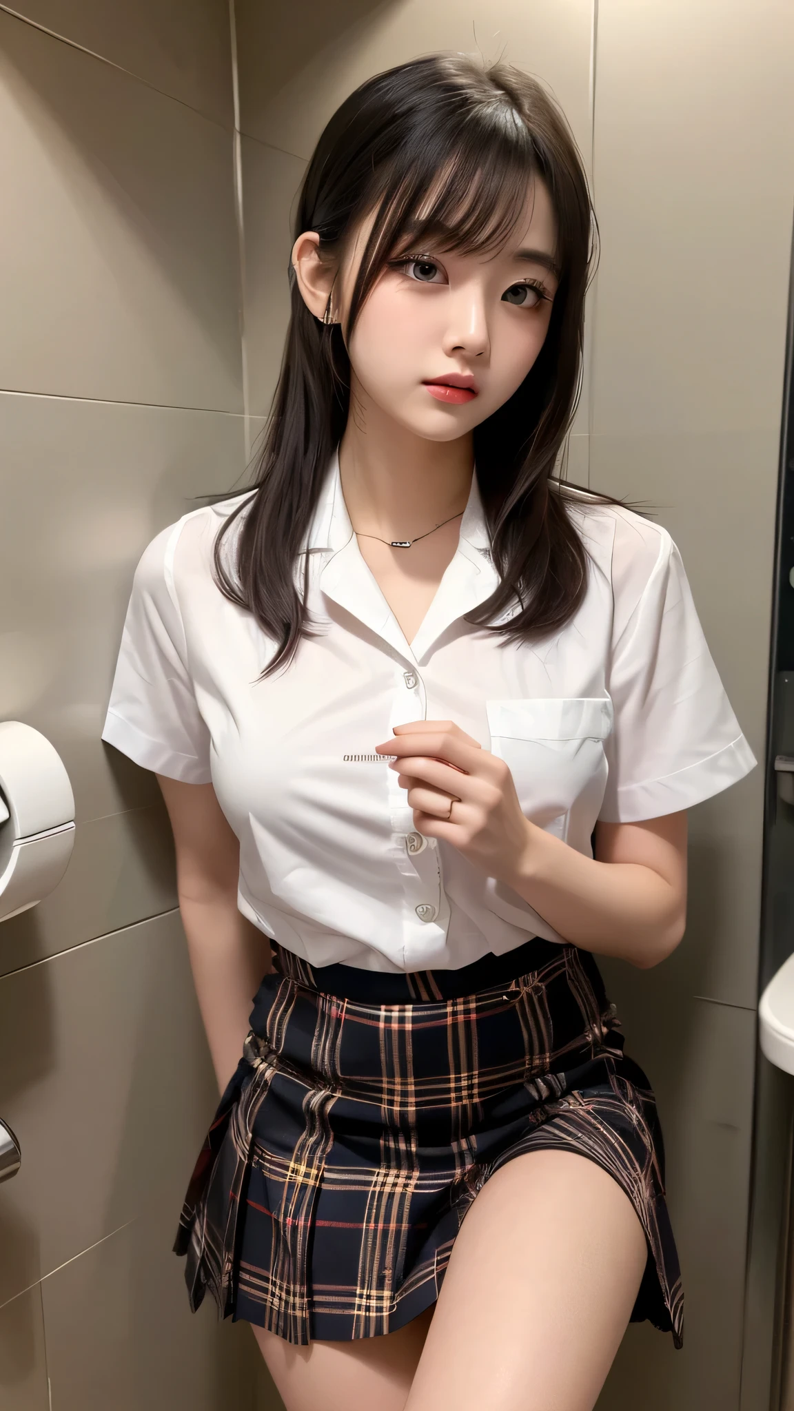 (8k, Photorealistic, Raw photo, Highest quality: 1.4),Japanese idol-style beautiful girl,1 person,17 years old,Hairstyle(Short Bob,Black),She has her hair tucked behind her ears,Large, clear grey eyes,Long eyelashes,Plump Cheeks,Thin and delicate shoulders,(bra(Pale pink)),thin abdomen,Short sleeve open shirt(Unbutton the front and open it all the way..4,Hemming out),Pleated skirt,School classroom,(Angle from below),Full body portrait
