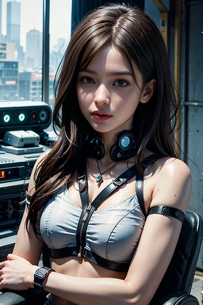 highest quality、8K masterpiece、超A high resolution、(Photoreal:1.3)、RAW photo、1 girl、silver hair、(braided twin tails)、glowing skin、1 Super Beautiful College Girl、((Super realistic detail shot、global illumination、Shadow、octane rendering、8k、super sharp、very intricate details、realistic light、Trends in CG society、beautiful eyes、blue shining eyes、towards the camera、(medium size bust:1.4)、poke the nipple、headset、(((Sheer tight bodysuit, transparent stocking material:1.4)))、headset、cyberpunk interior,