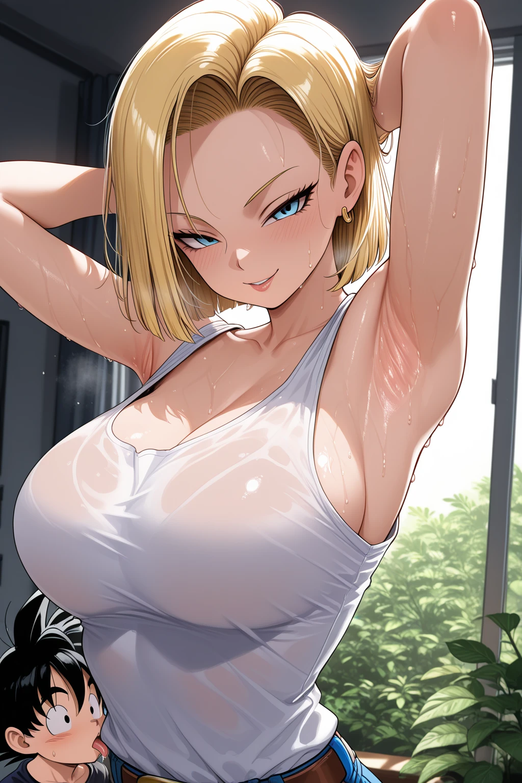 Solo, 1 girl, beautiful Erasa down strapless green shirt to show massive to the viewer, walking in the park at afternoon, orange sun, blonde short hair, deep blue eyes, arms up, massive breast