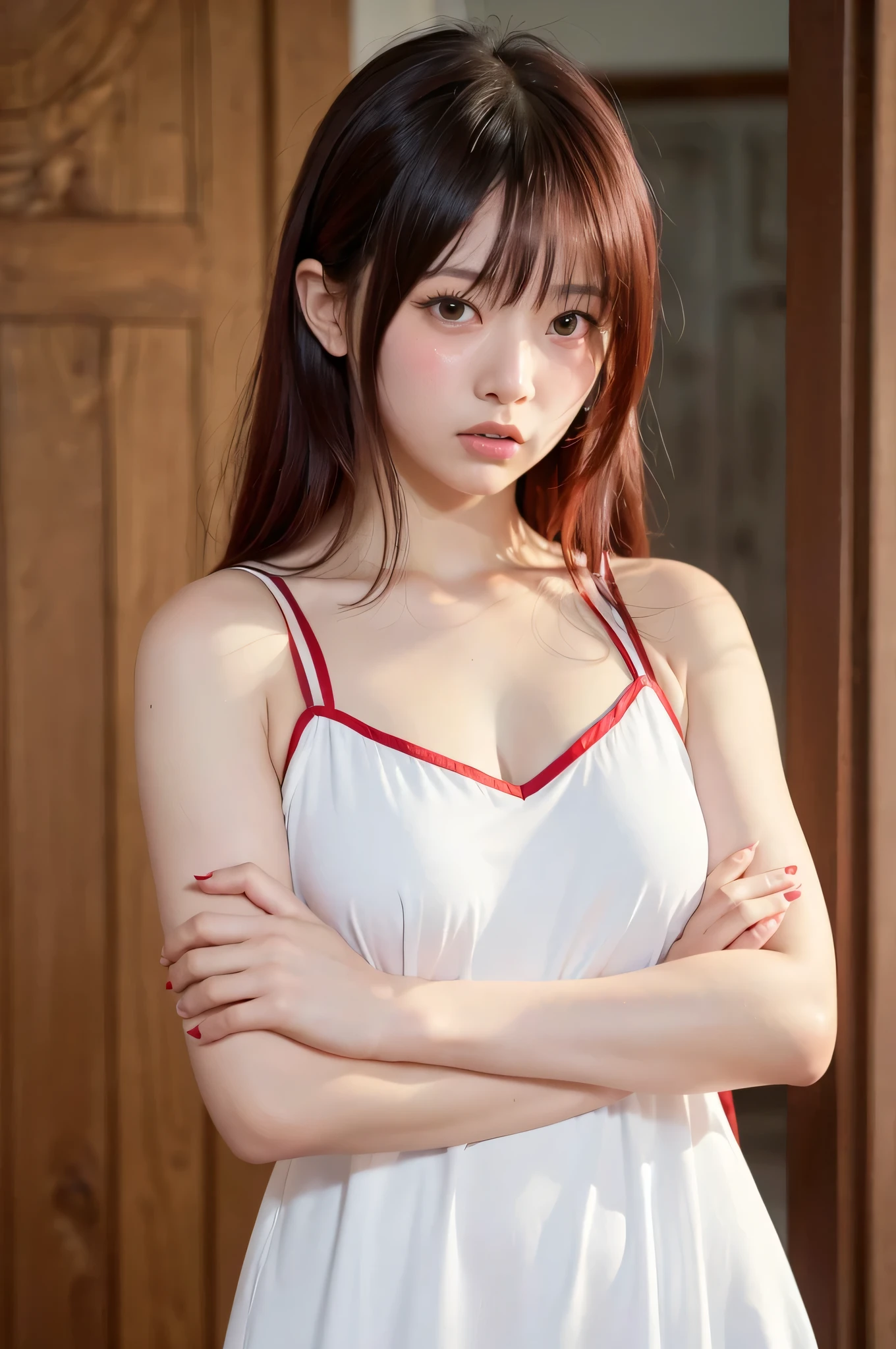 (top quality、8k、32K、masterpiece)、(realistic)、(realistic:1.2)、(high resolution)、very detailed、 very cute face and eyes、1 、round face、tight waist、Delicate Body、(close、top quality、attention to detail、rich skin details)、(top quality、8k、Oil:1.2)、(realistic、realistic:1.37)、bright color、(((Nioh is standing)))、(((Arms crossed)))、(((upper body shot)))、(((medium hair)))、(((angry amidst enemies)))、(((my cheeks turn red)))、(((Enraged )))、(((I have red hair)))、(((I'm wearing a red nightgown)))、(((I'm wearing a white and red nightgown)))、(((the appeal of a sweaty)))、(((My hair is red)))、(((I'm wearing a white and red nightgown)))、(((facing the front)))、(((Upper Body Shot)))、(((I'm staring)))、