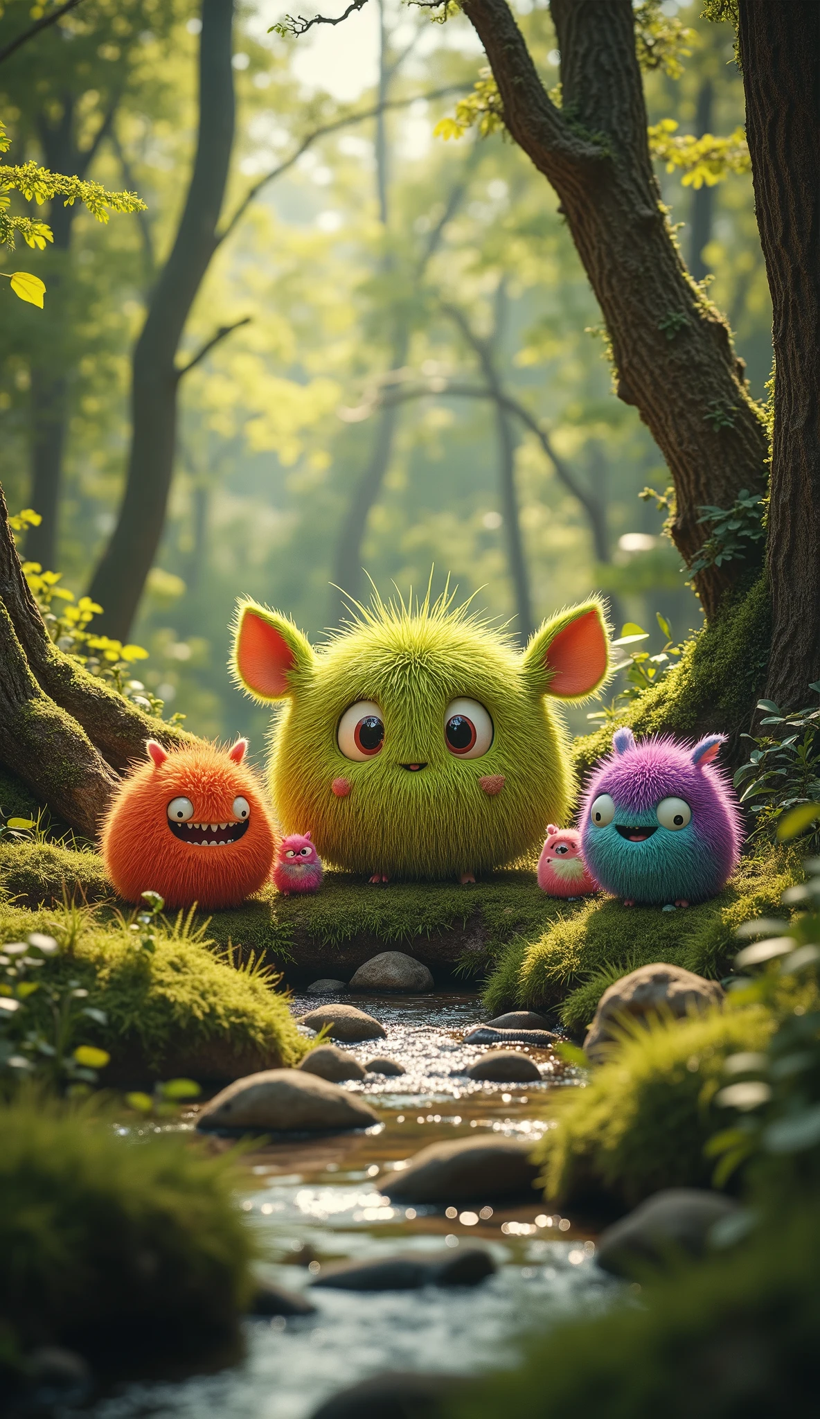 live-action、real、8K、HDR、In the woods、Cute monsters playing with each other innocently