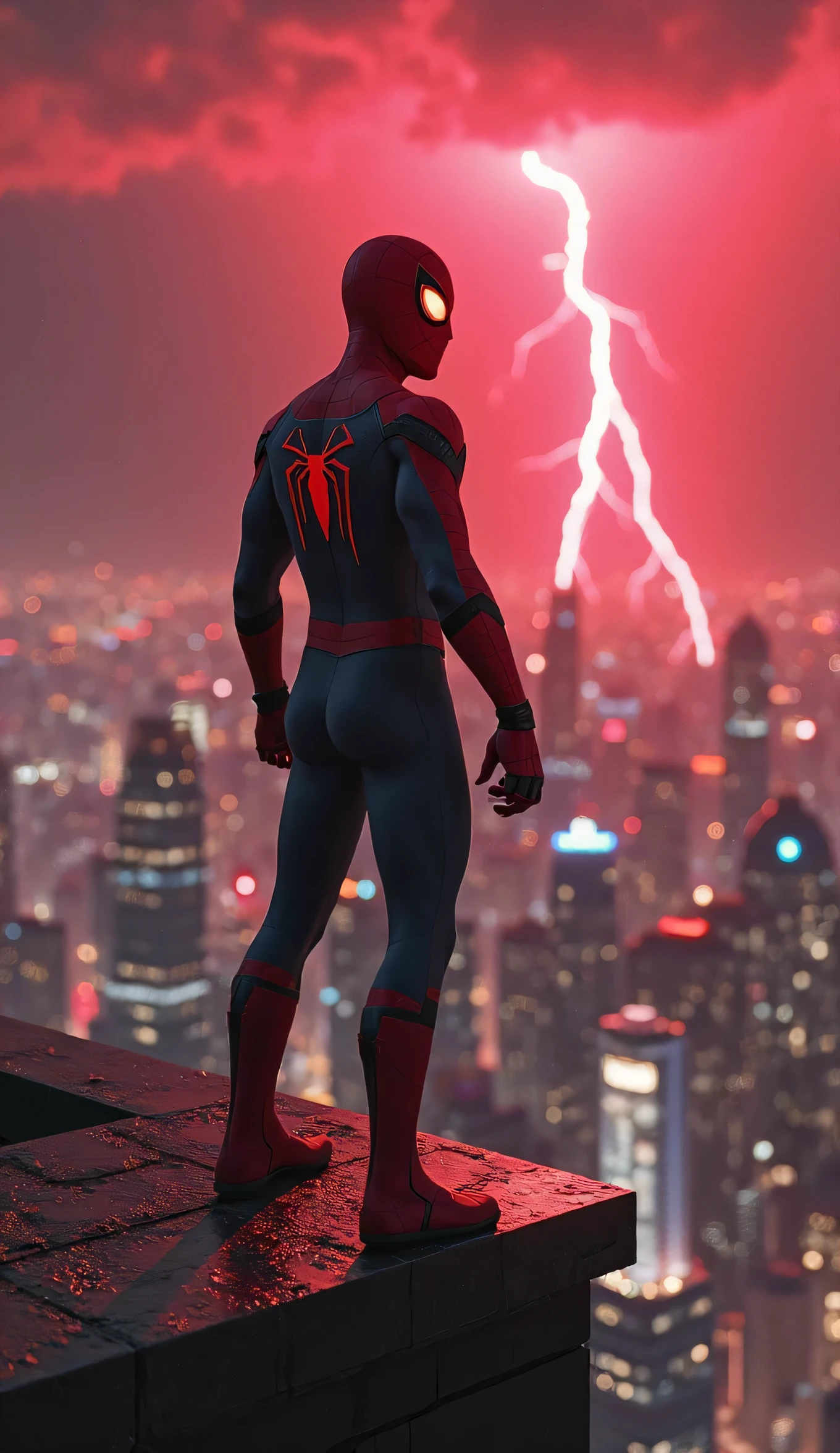 Scene from the movie, Spider-Man from Marvel, extremely detailed, futuristic cityscape, neon lights, glowing colors, backlights, glowing outlines, outline, golden highlights, lightning in the background, storm, tornado