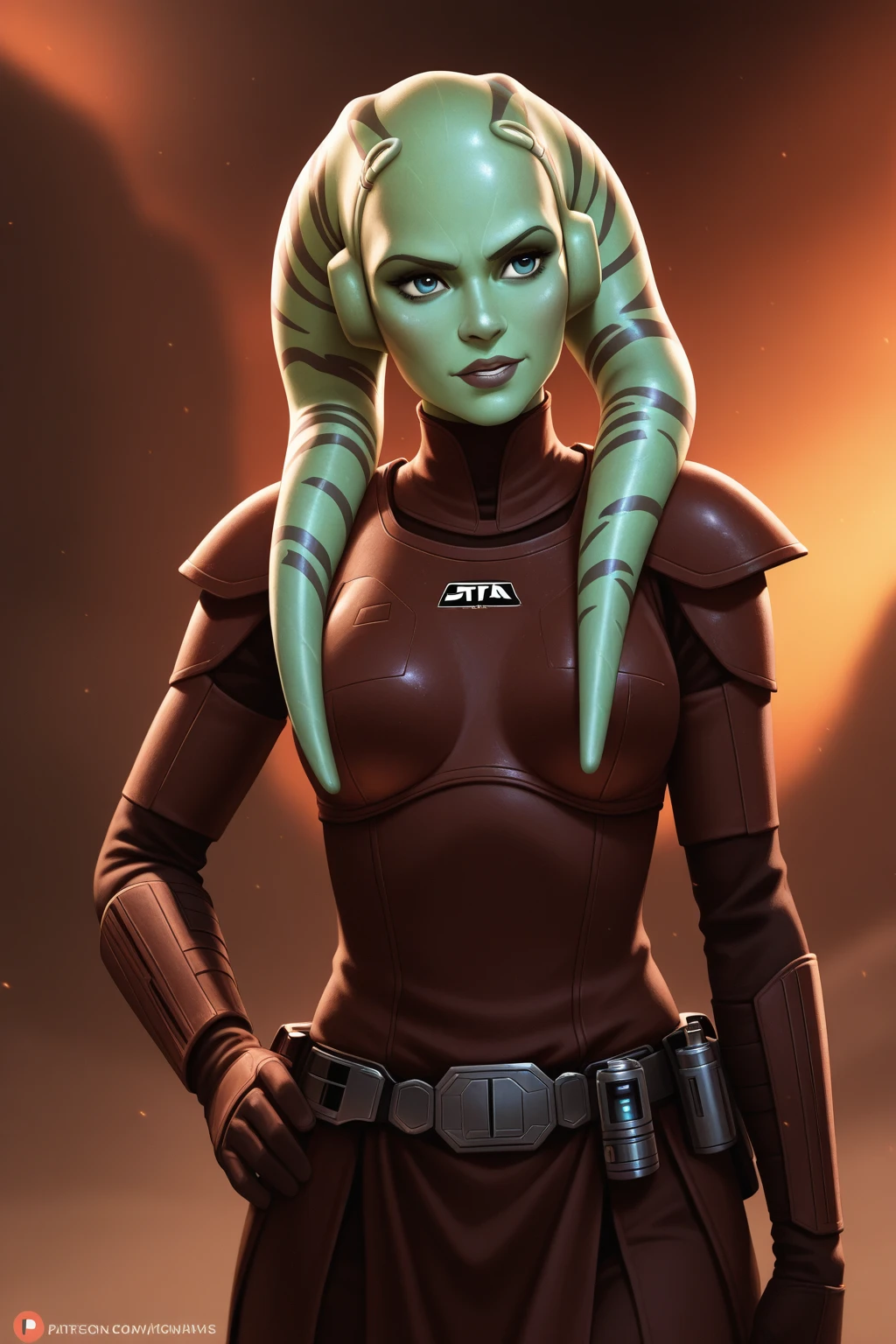 a ((fall body)) (((hera syndulla))) ((green skin )) ((female twi'lek ))mandalorian,walking on snow coverd ruins , ((green fire eyes )) , beautiful detailed eyes, beautiful detailed lips, extremely detailed face, long eyelashes, mandalorian armor, sci-fi, cinematic lighting, dramatic, epic, intricate details, hyper-realistic, 8k, high-quality, photorealistic