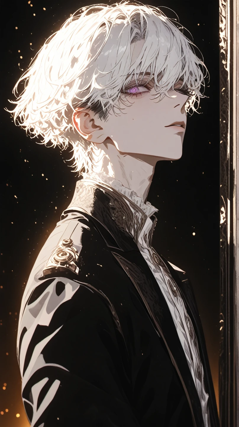 A young man with White hair, blue eyes, a black suit stood with his back turned half-face smoking a cigarette in his room at night.