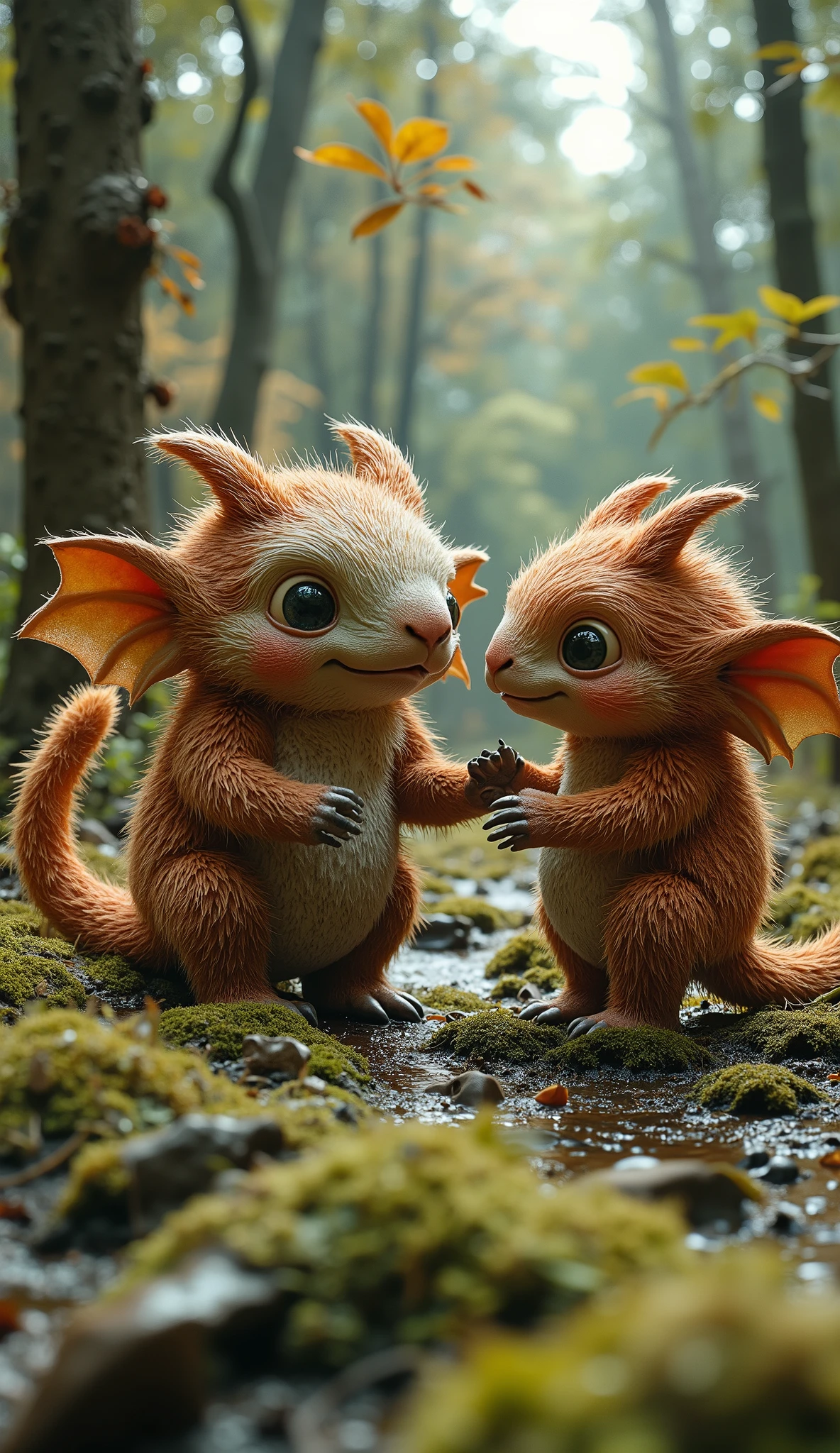live-action、real、8K、HDR、Cute monsters are playing with each other in the woods
