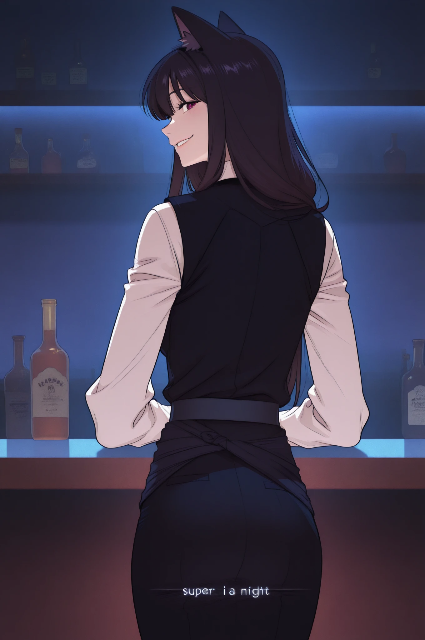 Mature woman, black hair, pigtails, barmaid outfit, looking afar, stern expression, in bar, low lighting, ambient purple lighting, anime style, masterpiece 