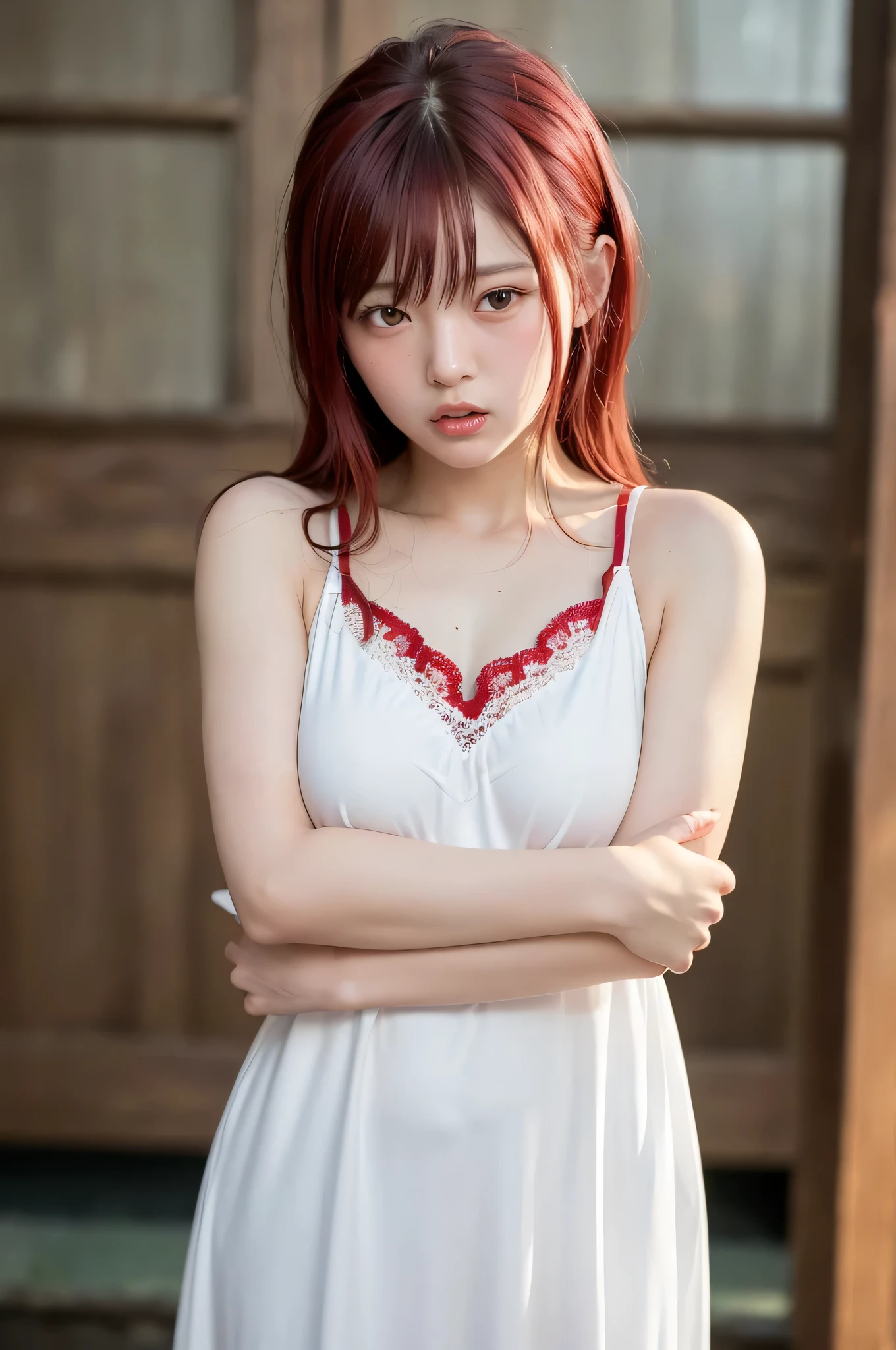 (top quality、8k、32K、masterpiece)、(realistic)、(realistic:1.2)、(high resolution)、very detailed、 very cute face and eyes、1 、round face、tight waist、Delicate Body、(close、top quality、attention to detail、rich skin details)、(top quality、8k、Oil:1.2)、(realistic、realistic:1.37)、bright color、(((Nioh is standing)))、(((Arms crossed)))、(((upper body shot)))、(((medium hair)))、(((angry amidst enemies)))、(((my cheeks turn red)))、(((Enraged )))、(((I have red hair)))、(((I'm wearing a red nightgown)))、(((I'm wearing a white and red nightgown)))、(((the appeal of a sweaty)))、(((My hair is red)))、(((I'm wearing a white and red nightgown)))、(((facing the front)))、(((Upper Body Shot)))、(((I'm staring)))、