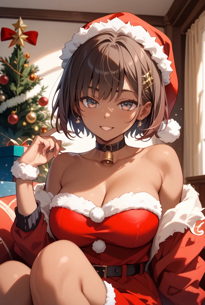 ((((perfect anatomy, super detailed skin)))), 1 girl, japanese, 16 years old, shiny skin, watching the view,
beautiful hair, beautiful face, beautiful detailed eyes, (short hair:1.2, bob cut:1.2), glossy brown hair, brown eyes, mole under eye,
beautiful clavicle, beautiful body, beautiful chest, beautiful thigh, beautiful legs, babyface, medium breasts, perfect body, gorgeous faces, seductive boobs, seductive thighs,
((wearing santa claus costume, symmetrical clothing, metallic red santa claus hat, metallic red santa claus dress, metallic red santa claus boots, bare shoulders), christmas necklace),
(embarrassed, blush, m legs), spread legs, sweat,
(beautiful scenery), indoors, livingroom, (christmas tree:1.3),
(top-quality, masterpiece:1.2, extremely detailed), (photorealistic), beautiful illustration, cinematic lighting, (thigh focus, from below, view from forward:1.3),