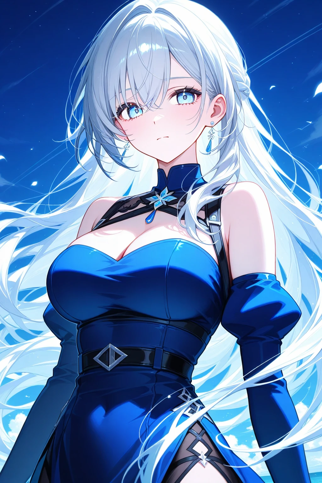 A drawing of a magical girl with anime aesthetics,  smiling, who is an idol with long white hair and cat ears and tail, wearing a battle dress consisting of a short skirt and a modern top with her belly exposed and showing some skin, The dress is very striking and colorful in blue and black tones. The ears and tail are white., and the hair has soft light blue highlights, On her neck she has a necklace with a silver heart-shaped plate,  In the background there are lights and sparkles as if I were at a concert.
