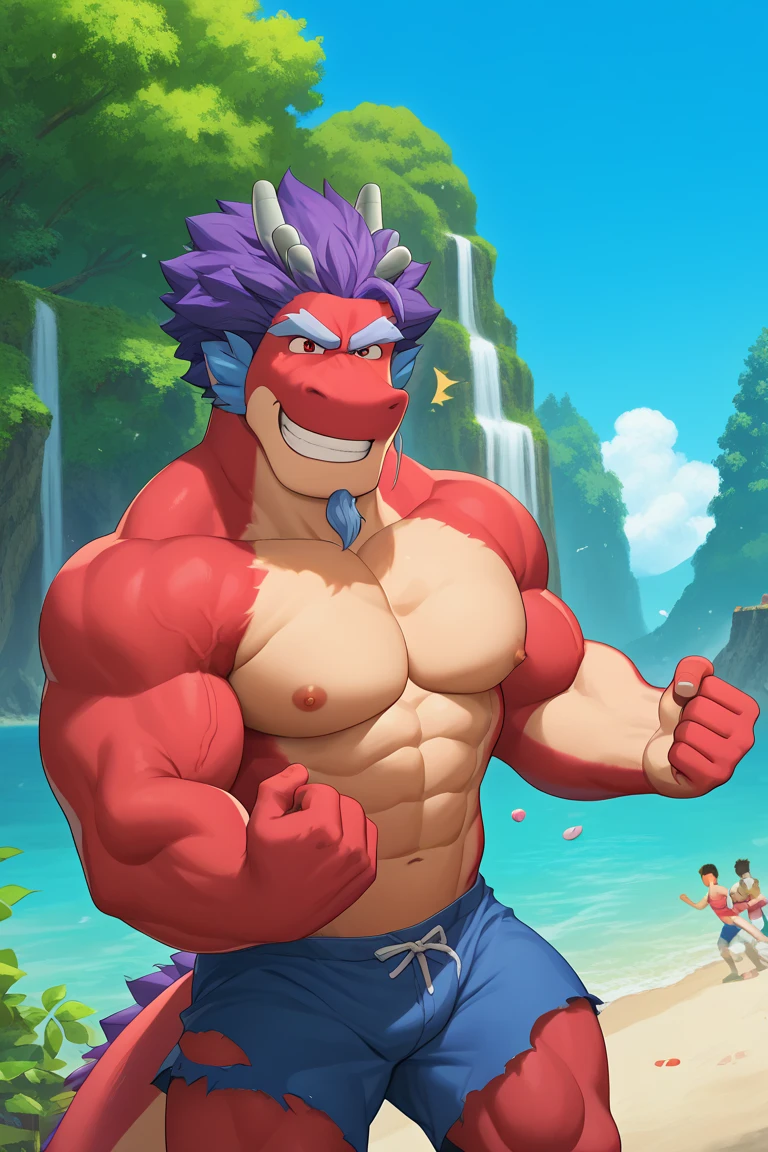 kaido, eastern dragon king, male dragon, eastern dragon, very big muscles, hulking, extremely strong, big abdominal muscles, hefty musclegut, pecs, muscular dad body, Strong and robust musclegut , strong abs, sharp claws, dragon feet claw, full body, loincloth, one piece, HDR, nipples, sunlight, daylight, outdoor, bright , sunshine, at noon, fighting pose, good weather, on sea beach, 8k, best quality .