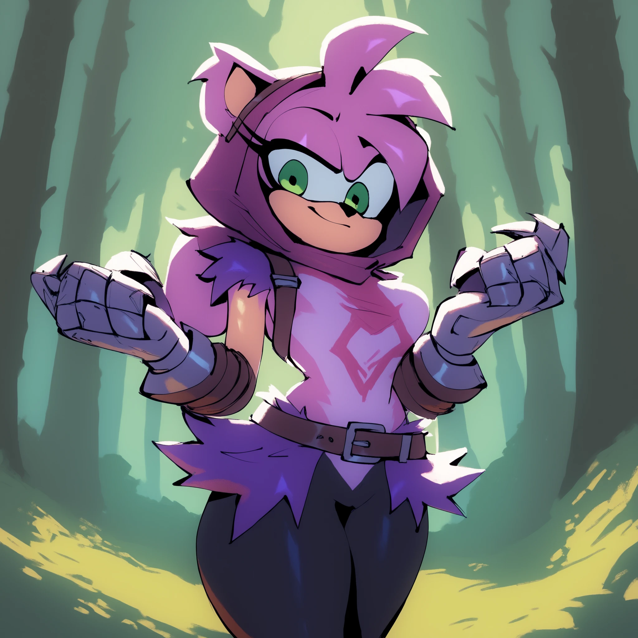 Amy Rose (Bigdad/character), female, (long hair), (long hair/quills), solo, outdoors, medium breasts, fuzzy fur, Amy dressed as Raven Team Leader, cosplay, purple hood, (furry), (body fur:1.2), purple fur, purple top, black leggings, belt, straps, :3, torso symbol, metal gloves, forest, long hair/quills sticking out of hood, confident, alternate version of Amy