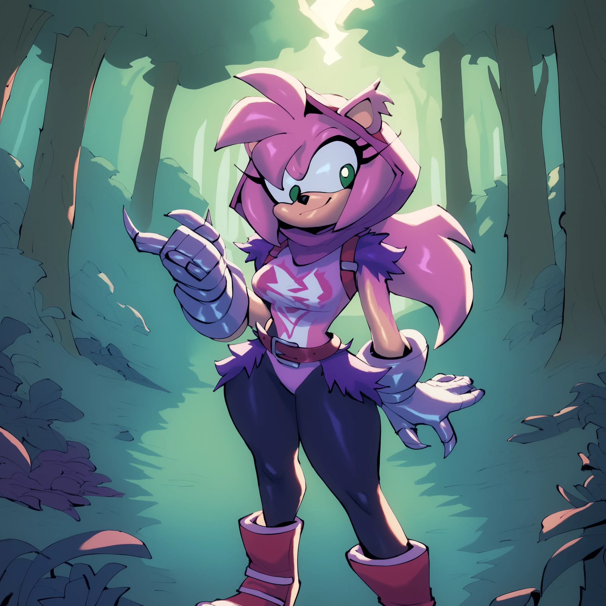 Amy Rose (Bigdad/character), female, (long hair), (long hair/quills), solo, outdoors, medium breasts, fuzzy fur, Amy dressed as Raven Team Leader, cosplay, purple hood, (furry), (body fur:1.2), purple fur, purple top, black leggings, belt, straps, :3, torso symbol, metal gloves, forest, long hair/quills sticking out of hood, confident, alternate version of Amy