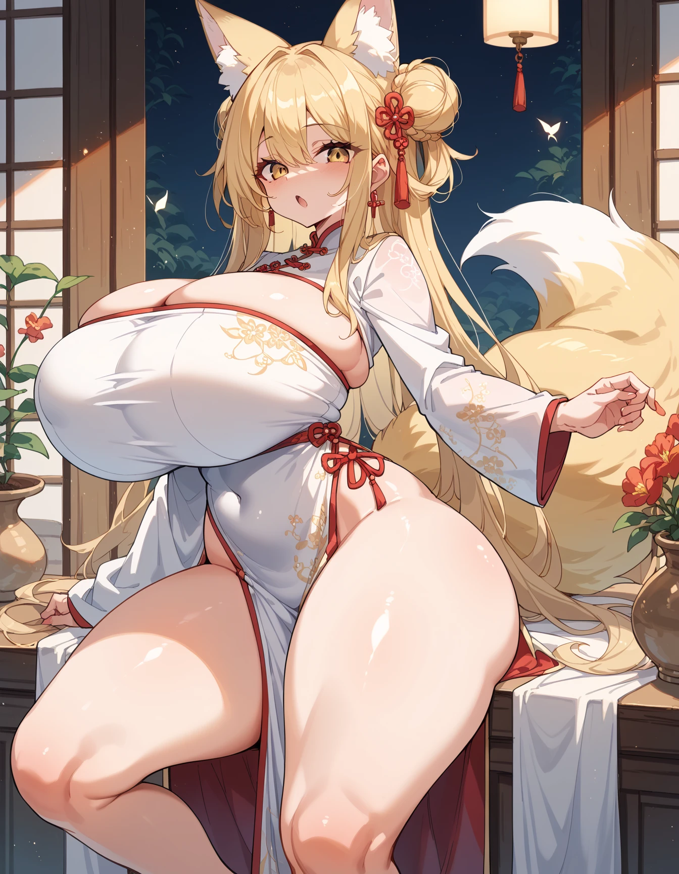 "A portrait of a radiant adult 9 tails fox girl with a warm smile directed at the viewer she is holding a sign "(Kitsune are Sexy), Wide-Angle, the background features a vibrant Chinese New Year celebration, lanterns, fireworks, traditional decorations, beautiful scenery, Breasts enlarged, elegant mature woman, large hips, big breast, Ahri, blonde hair, braid, flower on head, animal ears, fox ears, kemonomimi mode, pov, super detail, high quality, highres, masterpiece