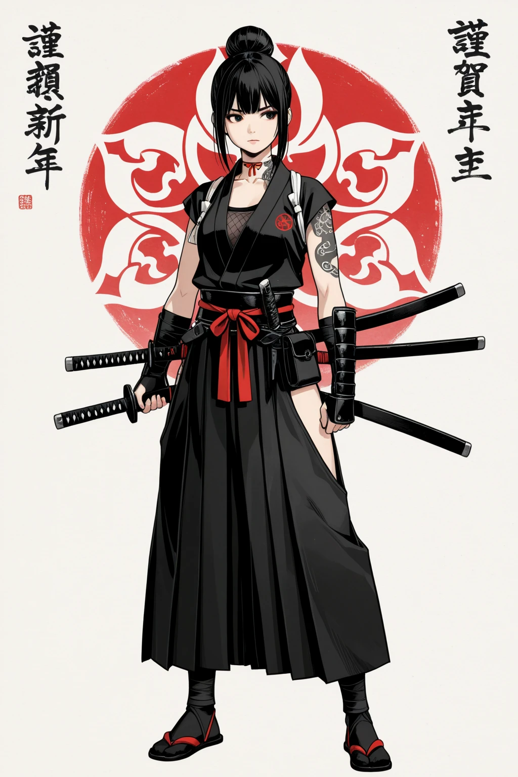 a futuristic female warrior holding a katana, (finely detailed skin), pale skin, (in a deep neckline highly detailed sexy futuristic cyberpunk black crop top and underpants made of circuit boards, japanese words with a flare effect, beautiful epic composition, futuristic, masterpiece, appealing, posing for a photo