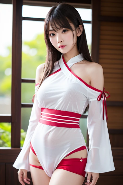 (best quality,4k,8k,highres,masterpiece:1.2),ultra-detailed,(realistic,photorealistic,photo-realistic:1.37), standing, ((Showing off hip:1.4)), BREAK (white and red theme:1.4), (white hair band with fake white rabbit ears:1.4), (white strapless leotard with red obi:1.4), ((white long kimono sleeves with red lace-up, bare shoulders):1.3), ((white choker with red Japanese shrine amulet, omamori):1.3), bare thighs, ((white overknee socks, white long tights):1.3), (japanese wooden clogs geta:1.2), ((Skin is radiant and glowing:1.3))