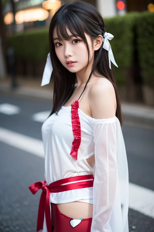 1woman, long hair, black hair, black eyes,japanese white clothes,red hakama,bare shoulders,detached sleeves, shrine
