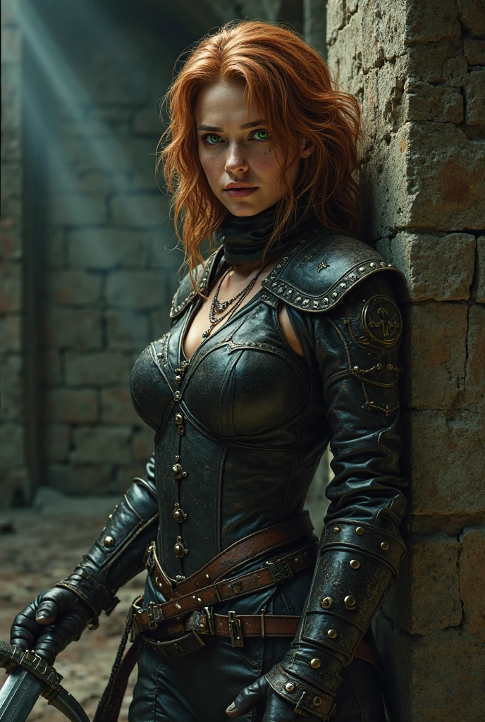（​masterpiece、top-quality、raw、analog style）、foco nítido、Stunning portrait of a beautiful woman、Short red hair、((highlydetailed skin、Skin Details))、Brown Leather Studed Leather Armor（Lots of spikes）、Wearing long black leather pants with belt、Warrior armor、Meadow at dusk、Illumination from upper left、Sharp eyes、ighly detailed、Cluttered and detailed background、battle posture、Dynamic action、Look at viewers